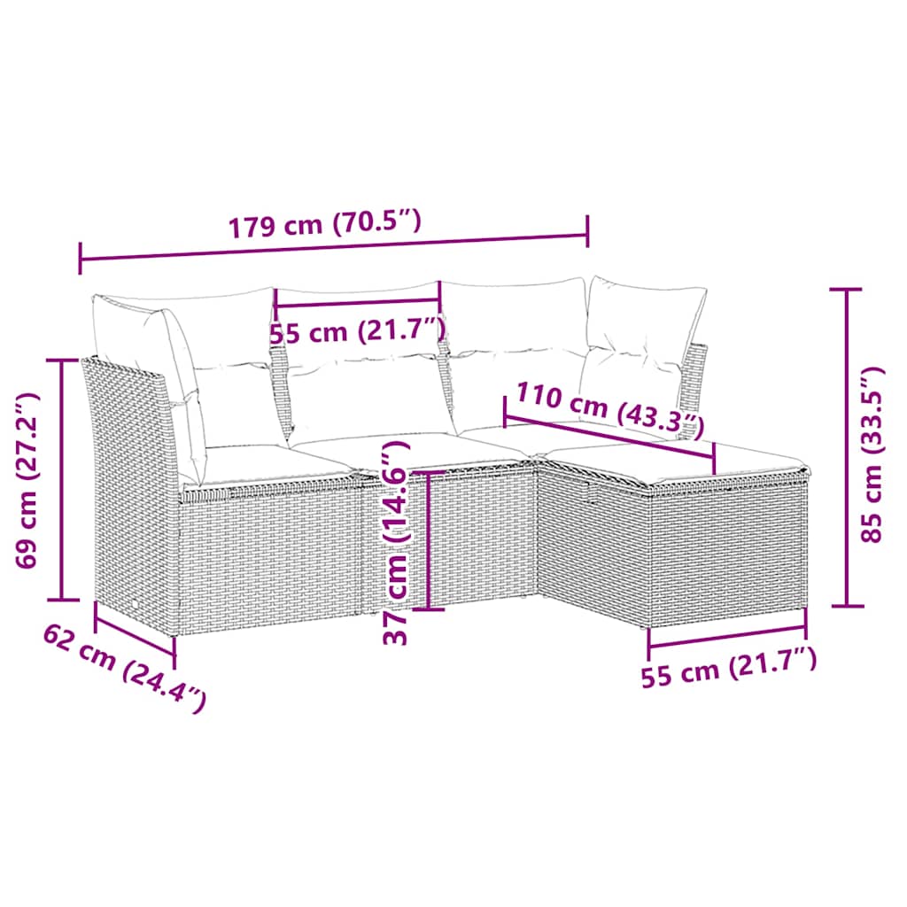 4 részes világosszürke polyrattan kerti ülőgarnitúra párnákkal