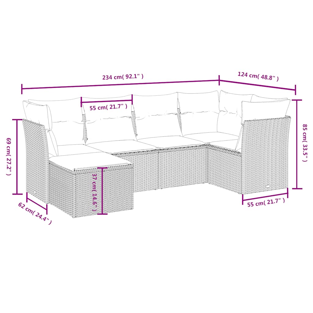 6 részes fekete polyrattan kerti ülőgarnitúra párnákkal