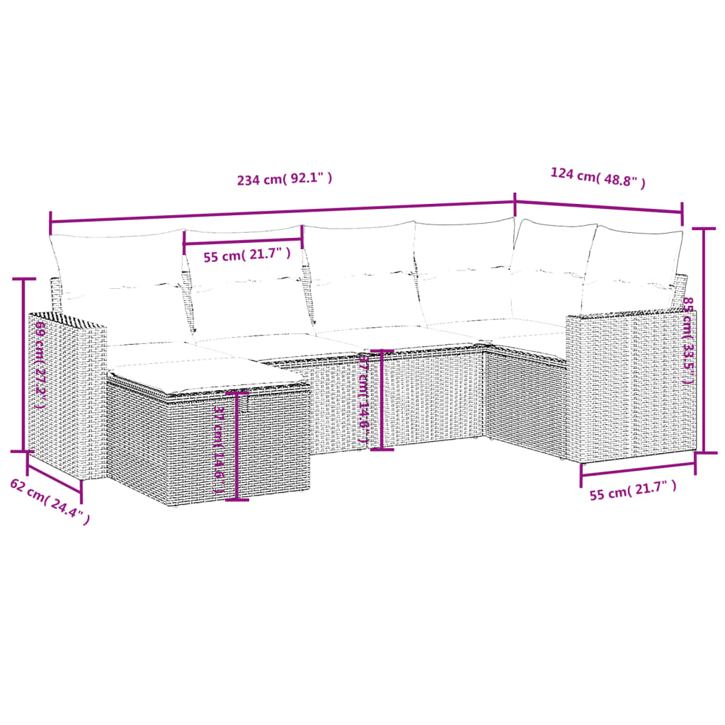 6 részes világosszürke polyrattan kerti ülőgarnitúra párnákkal