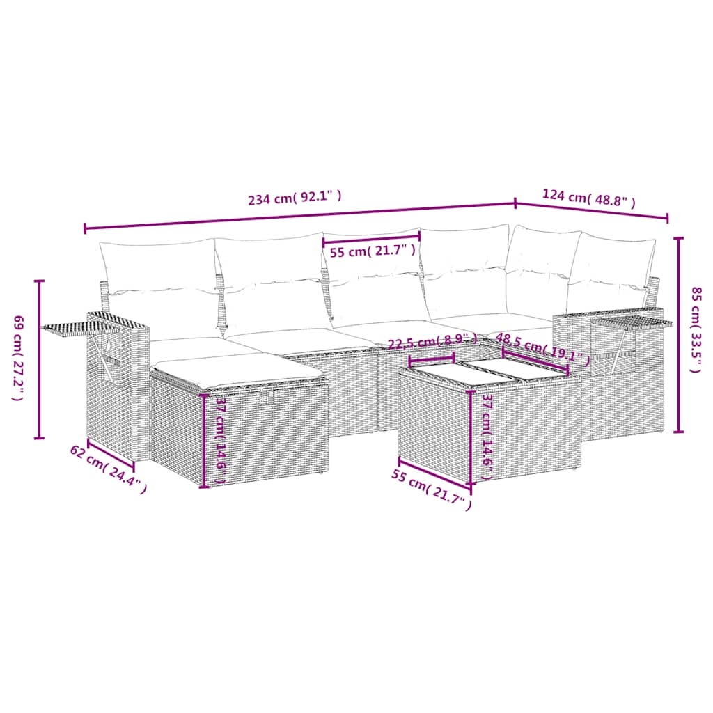 7 részes fekete polyrattan kerti ülőgarnitúra párnával