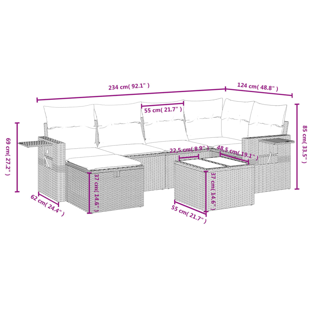7 részes világosszürke polyrattan kerti ülőgarnitúra párnákkal