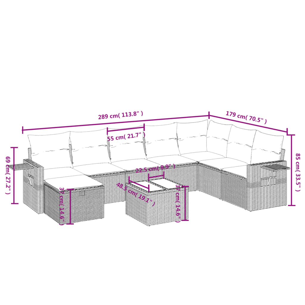 9 részes világosszürke polyrattan kerti ülőgarnitúra párnával