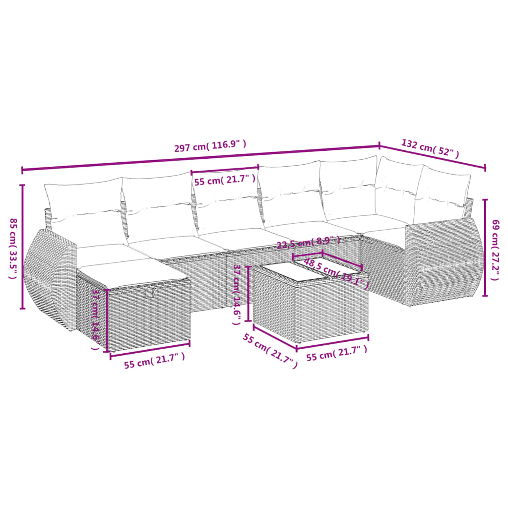 8 részes szürke polyrattan kerti ülőgarnitúra párnákkal