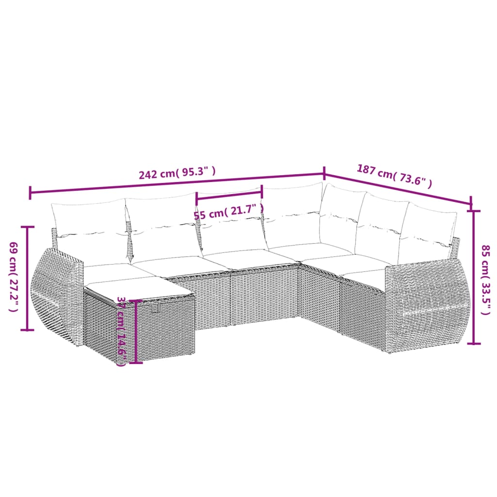 7 részes világosszürke polyrattan kerti ülőgarnitúra párnákkal