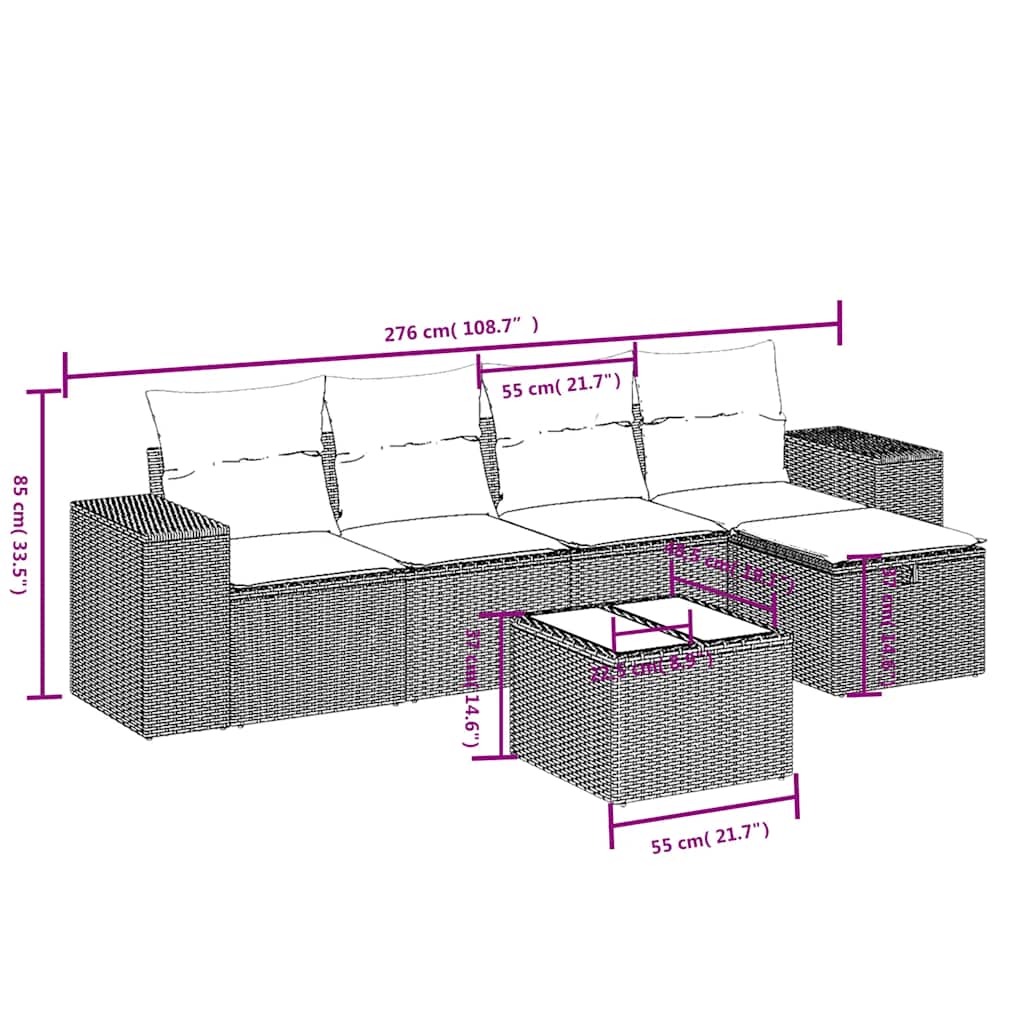 6 részes fekete polyrattan kerti ülőgarnitúra párnákkal