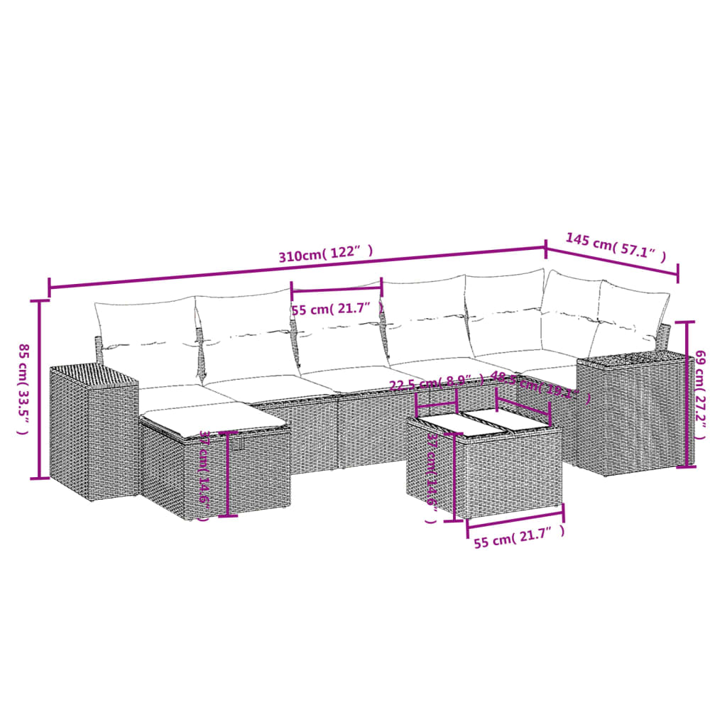 8 részes világosszürke polyrattan kerti ülőgarnitúra párnával