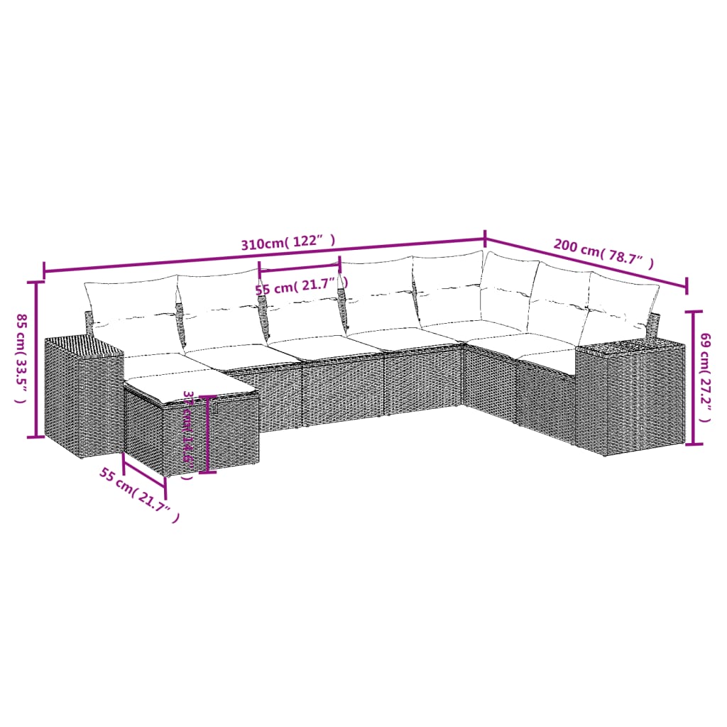 8 részes világosszürke polyrattan kerti ülőgarnitúra párnával