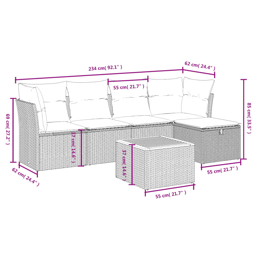 6 részes szürke polyrattan kerti ülőgarnitúra párnákkal