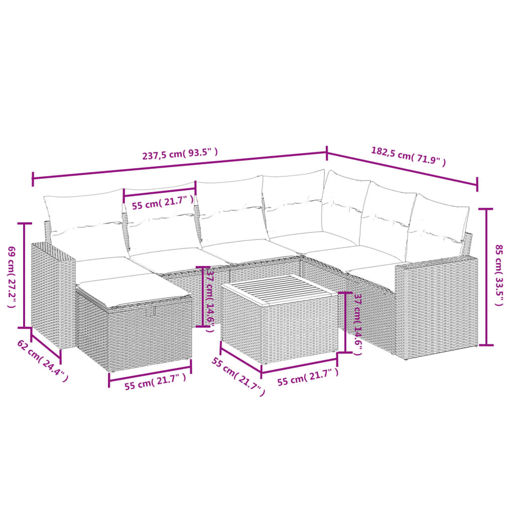 8 részes szürke polyrattan kerti ülőgarnitúra párnákkal