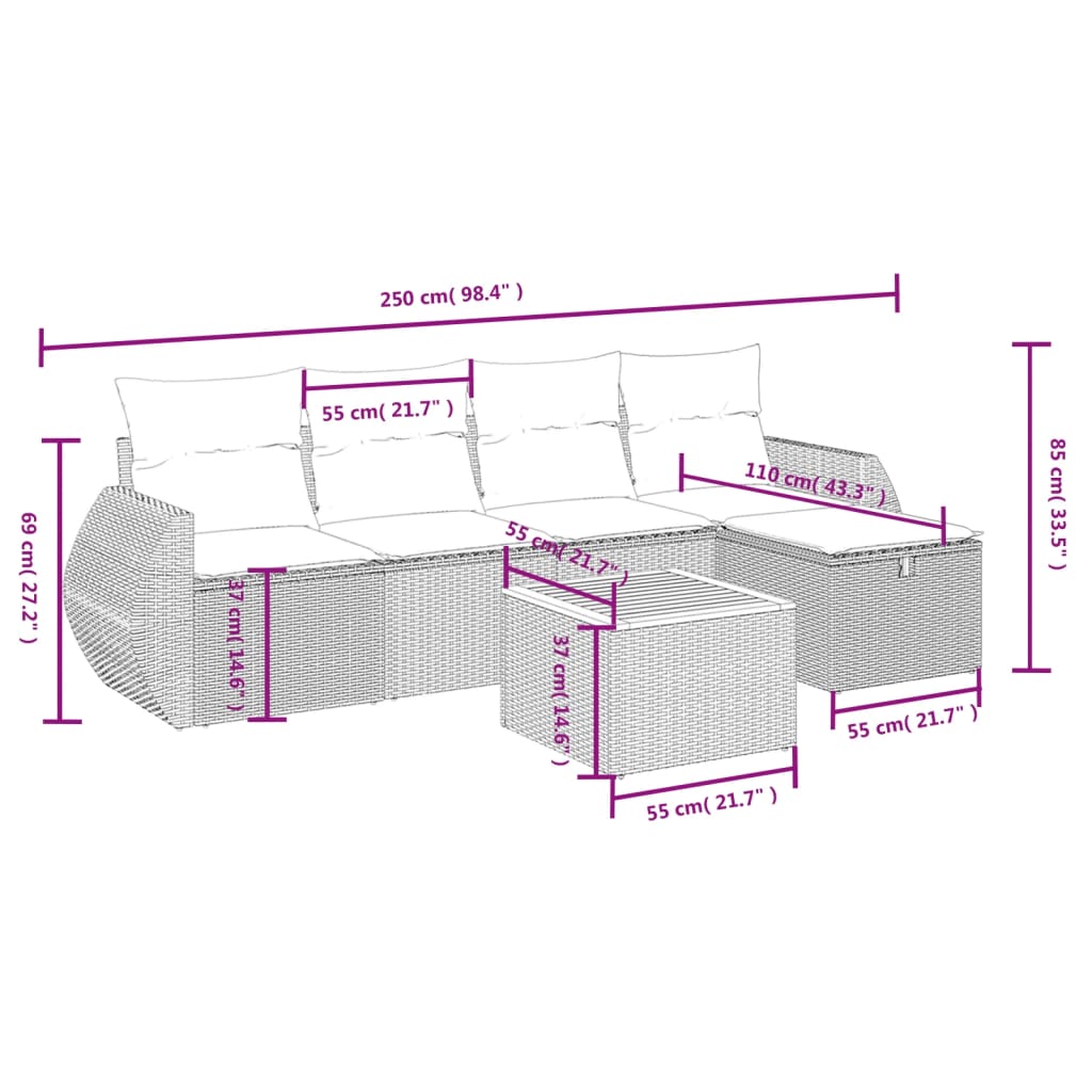6 részes szürke polyrattan kerti ülőgarnitúra párnákkal