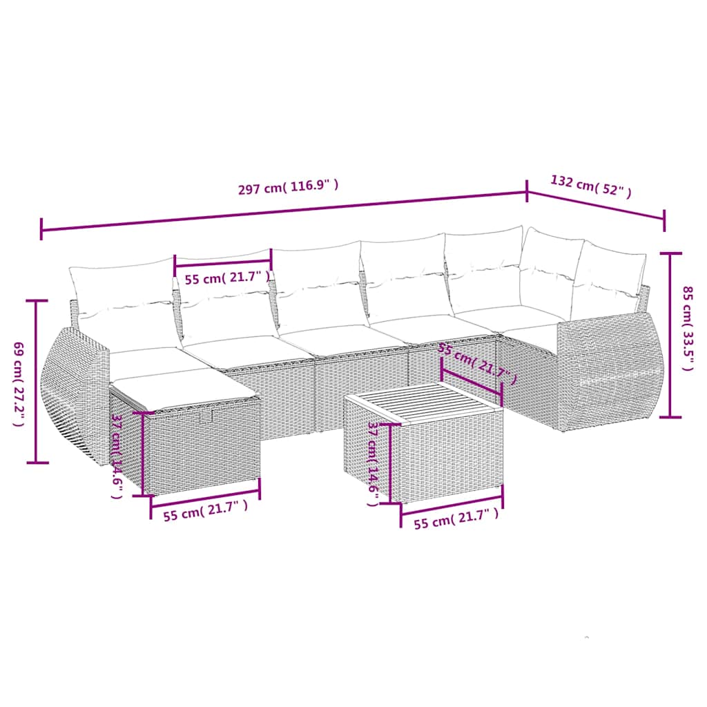 8 részes szürke polyrattan kerti ülőgarnitúra párnákkal