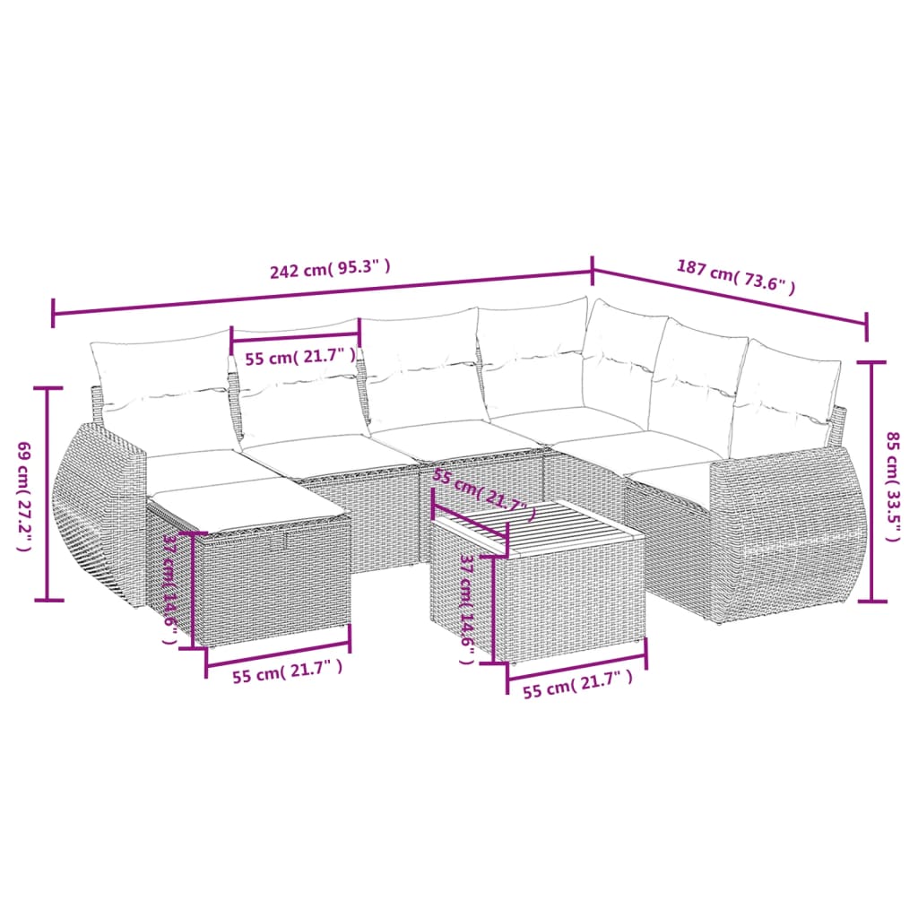 8 részes szürke polyrattan kerti ülőgarnitúra párnákkal