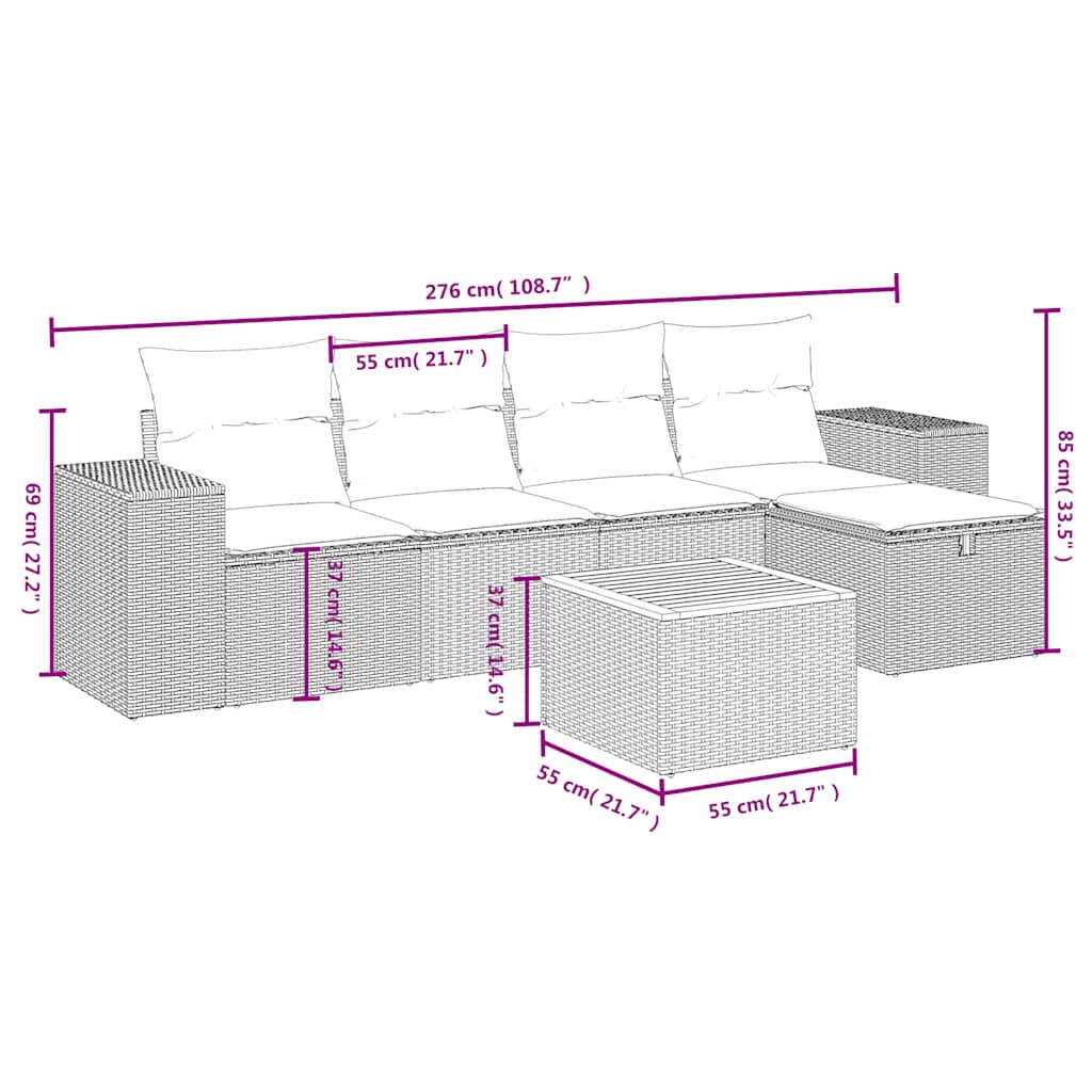 6 részes fekete polyrattan kerti ülőgarnitúra párnákkal