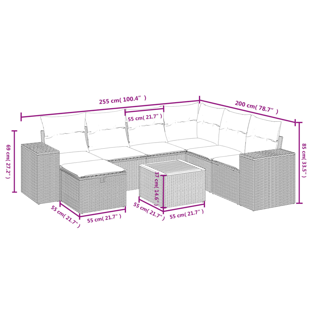 8 részes szürke polyrattan kerti ülőgarnitúra párnákkal