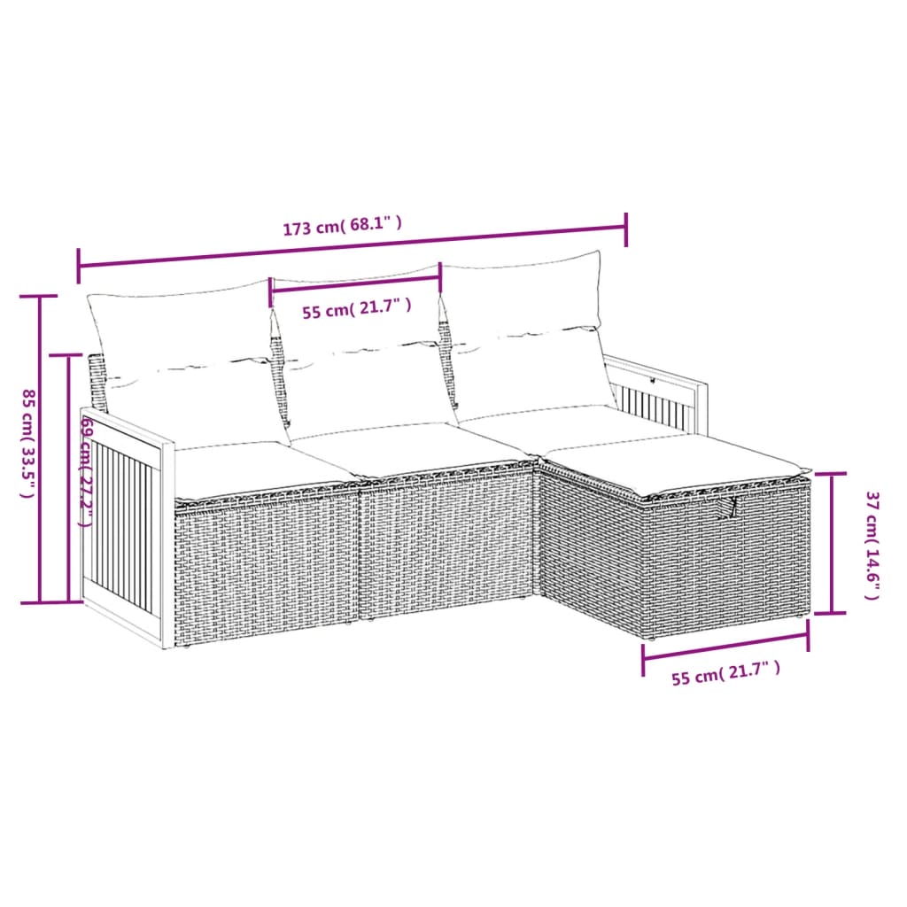 4 részes fekete polyrattan kerti ülőgarnitúra párnákkal