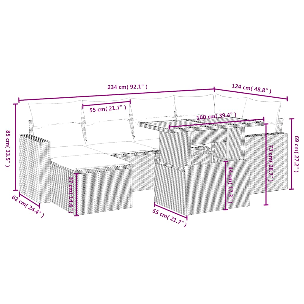 7 részes fekete polyrattan kerti ülőgarnitúra párnával