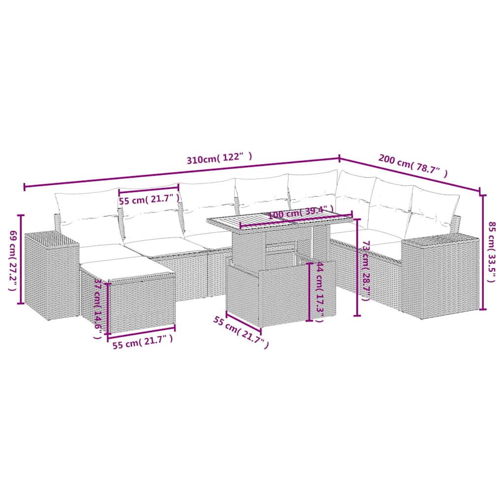 9 részes fekete polyrattan kerti ülőgarnitúra párnákkal