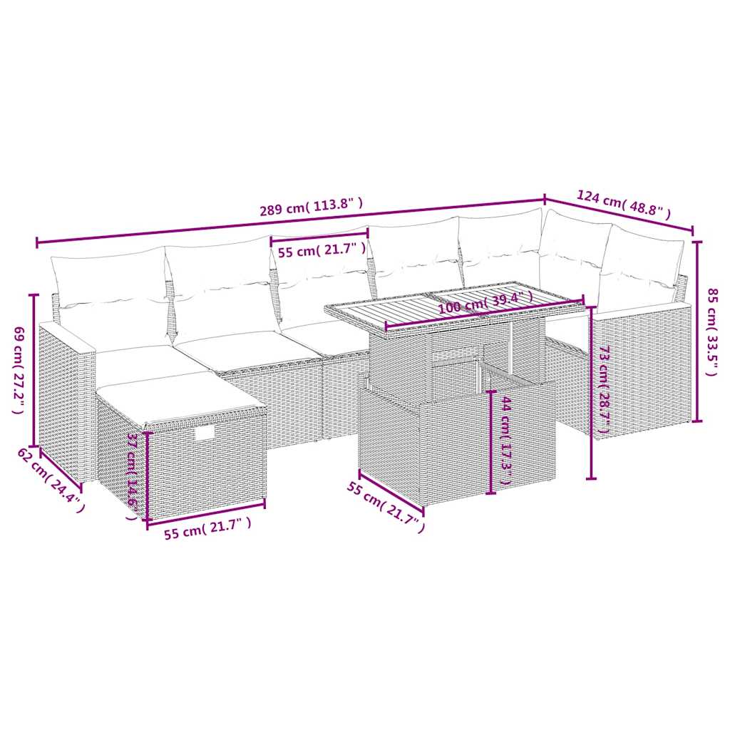 8 részes fekete polyrattan kerti ülőgarnitúra párnákkal