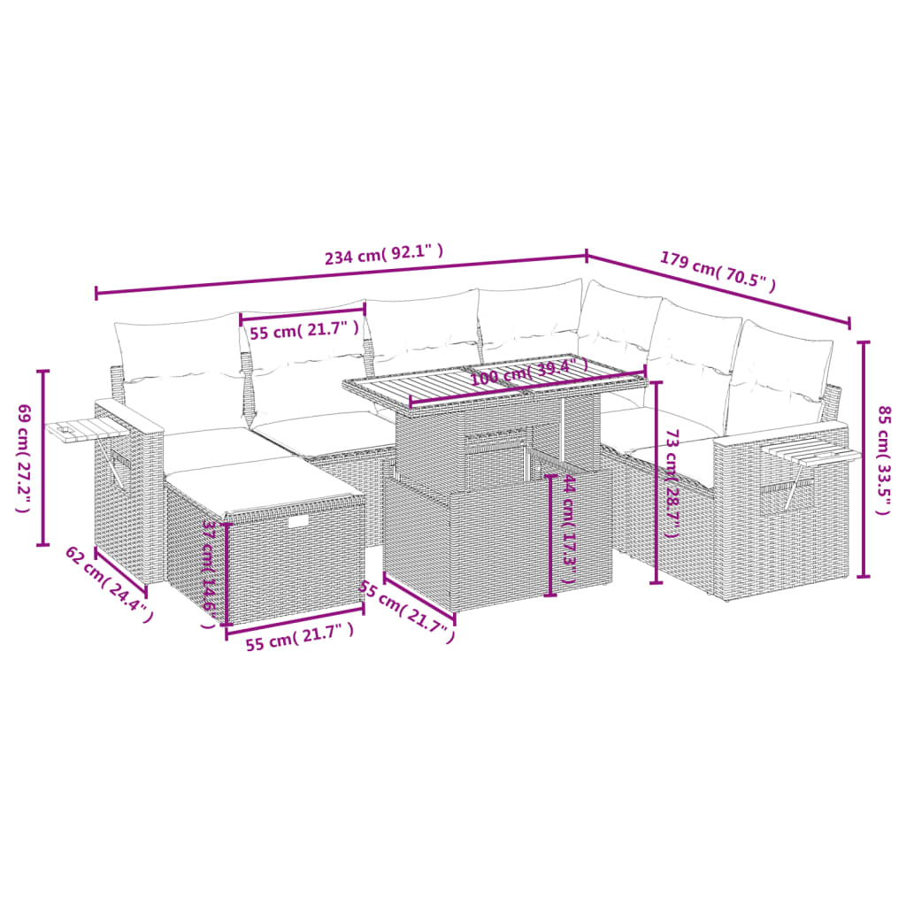 8 részes szürke polyrattan kerti ülőgarnitúra párnákkal