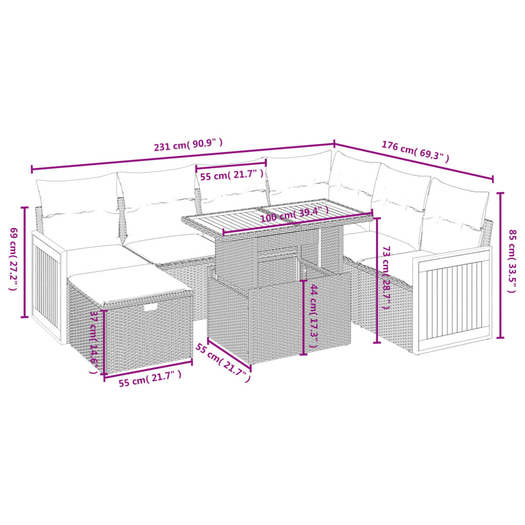 8 részes szürke polyrattan kerti ülőgarnitúra párnákkal