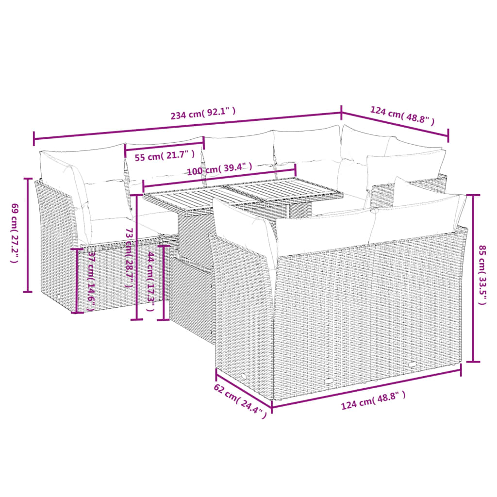 8 részes fekete polyrattan kerti ülőgarnitúra párnákkal