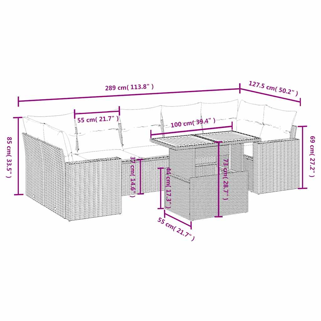 8 részes fekete polyrattan kerti ülőgarnitúra párnákkal