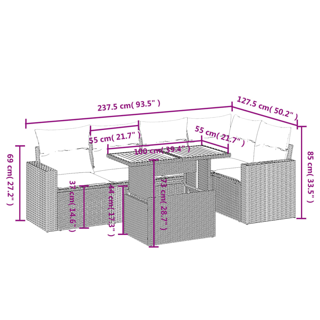 6 részes fekete polyrattan kerti ülőgarnitúra párnákkal