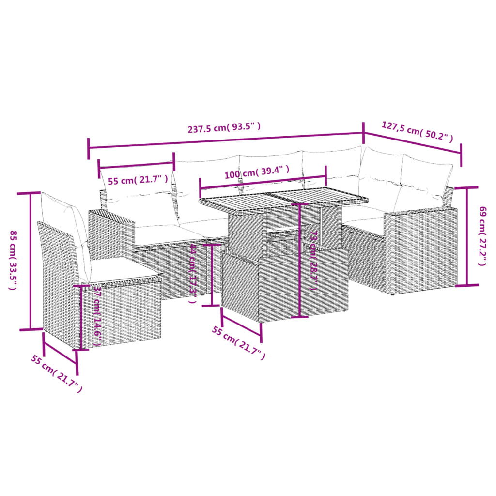 7 részes szürke polyrattan kerti ülőgarnitúra párnákkal