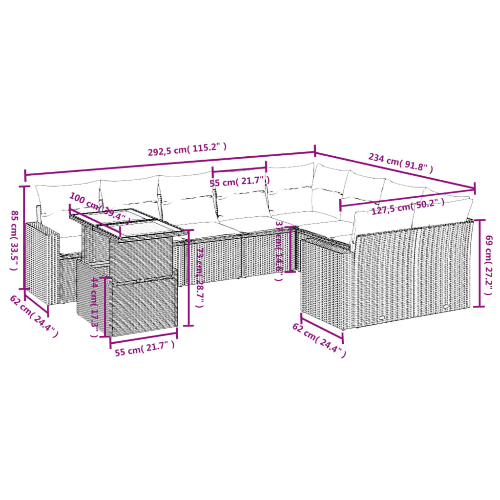 10 részes szürke polyrattan kerti ülőgarnitúra párnákkal