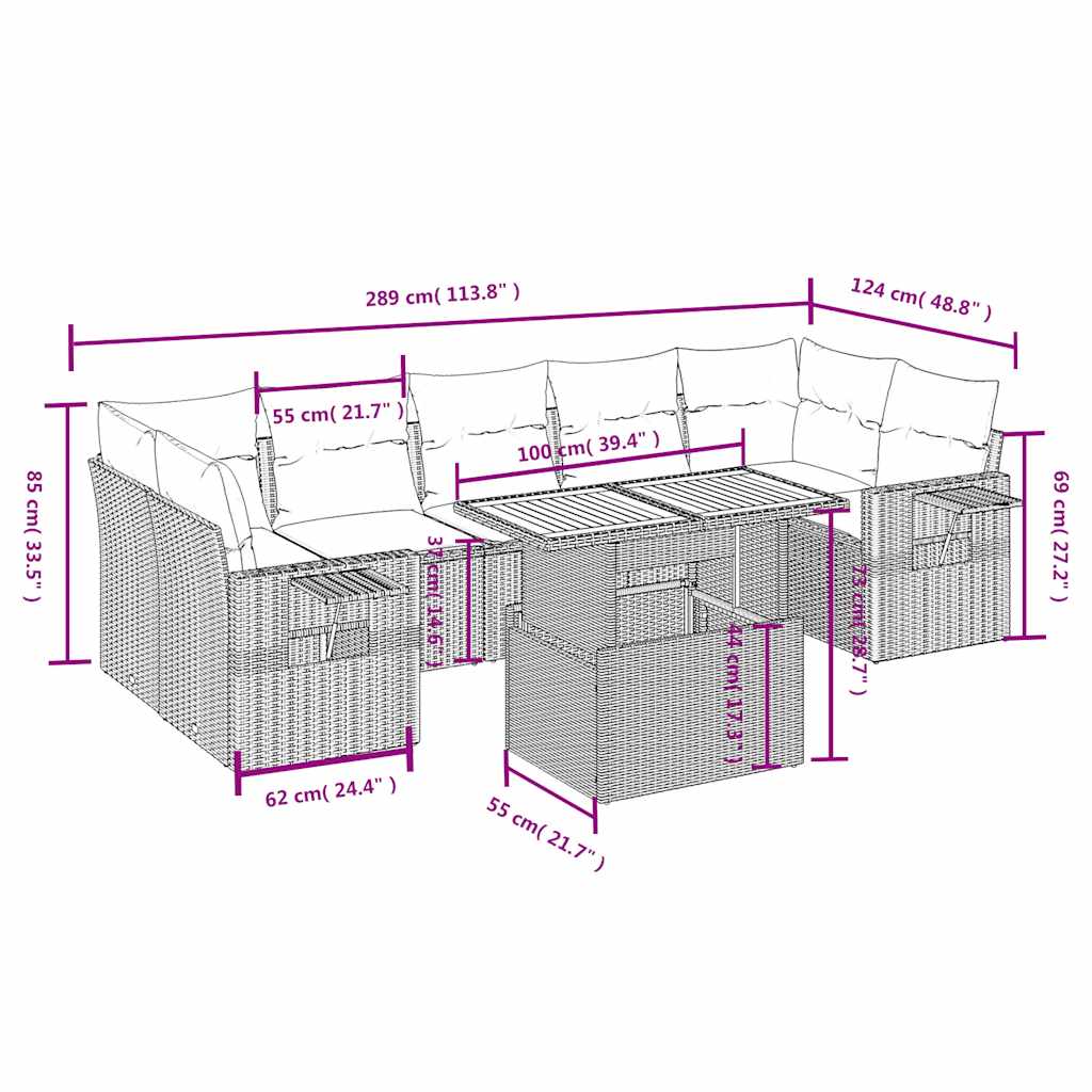 8 részes fekete polyrattan kerti ülőgarnitúra párnákkal
