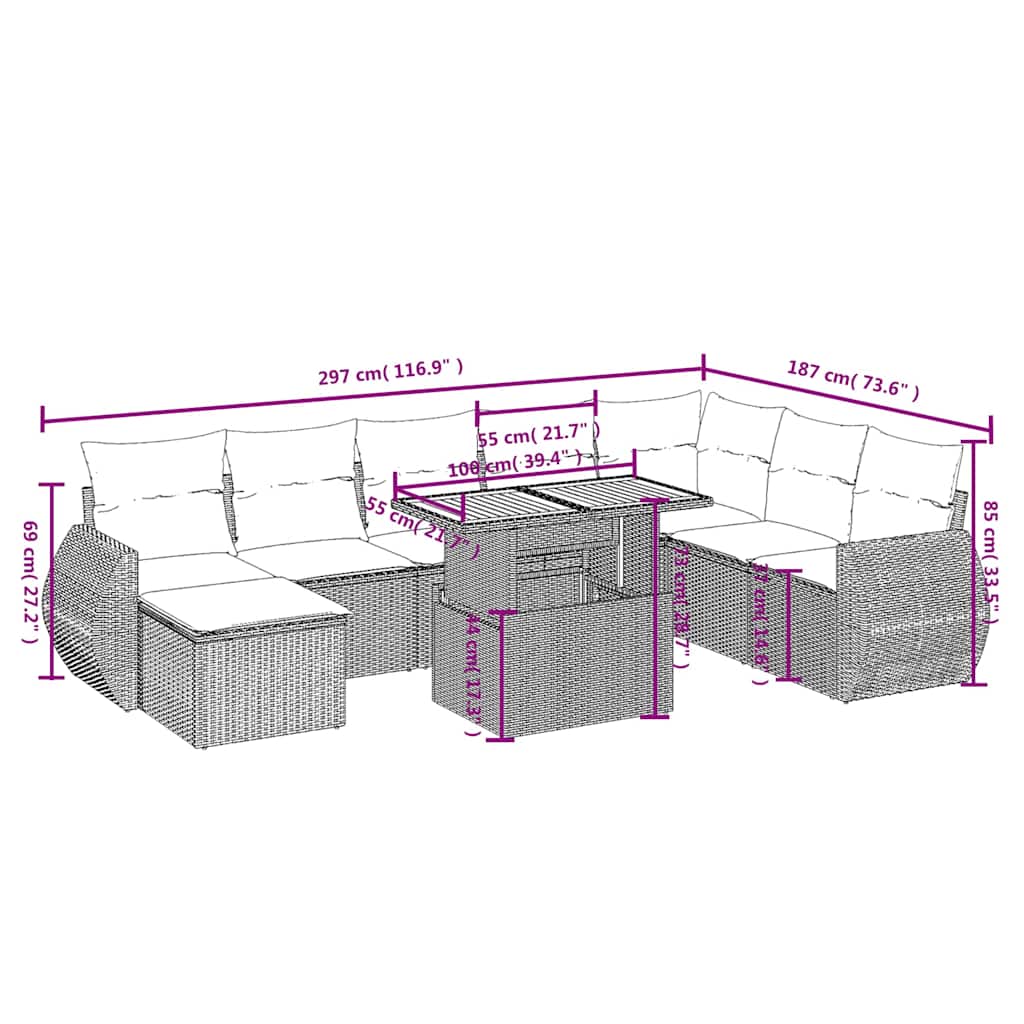 9 részes fekete polyrattan kerti ülőgarnitúra párnákkal
