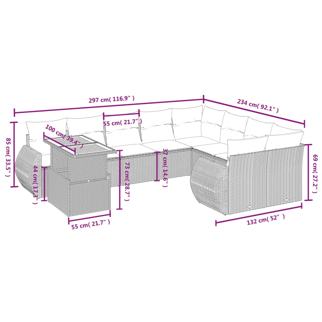 10 részes szürke polyrattan kerti ülőgarnitúra párnákkal