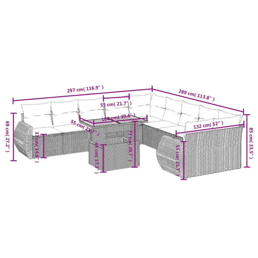 11 részes fekete polyrattan kerti ülőgarnitúra párnákkal