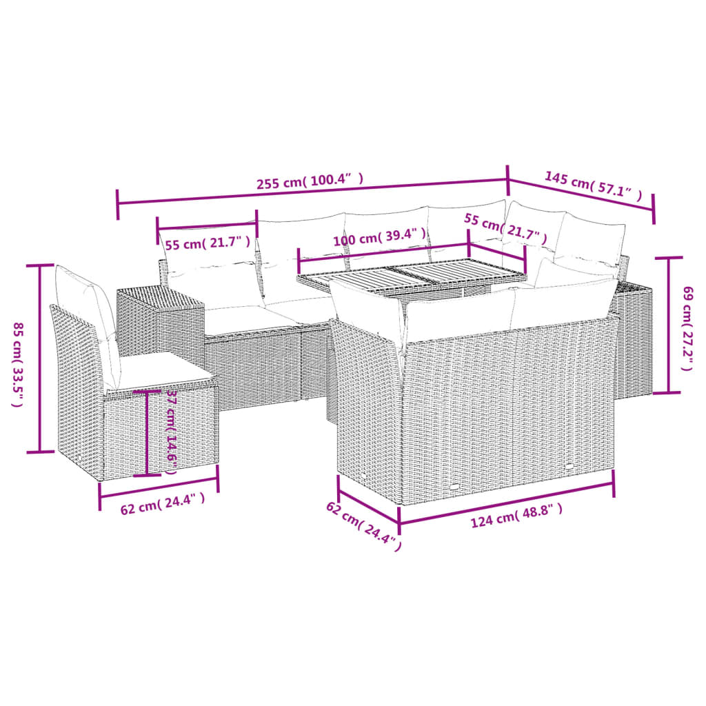9 részes szürke polyrattan kerti ülőgarnitúra párnákkal