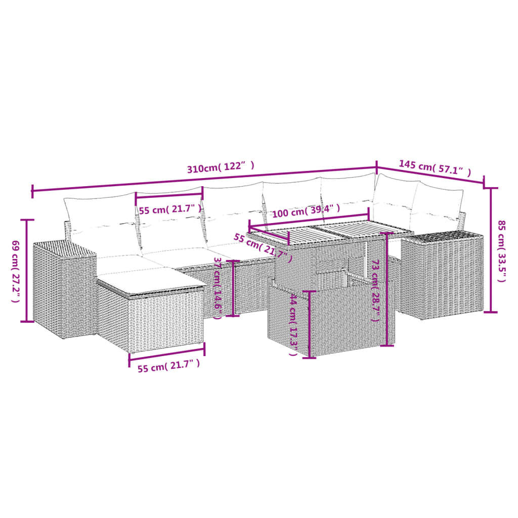 8 részes fekete polyrattan kerti ülőgarnitúra párnákkal