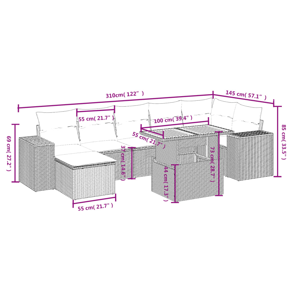8 részes fekete polyrattan kerti ülőgarnitúra párnákkal