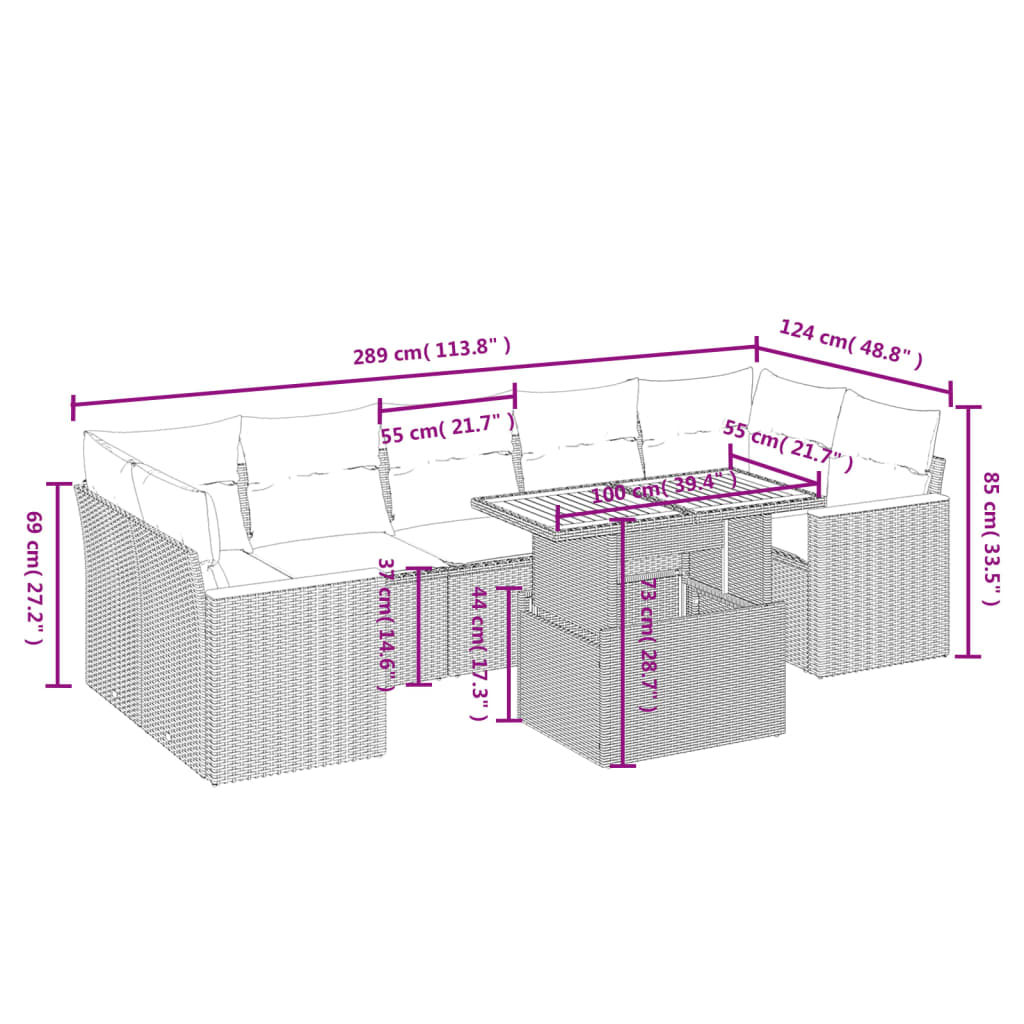 8 részes fekete polyrattan kerti ülőgarnitúra párnákkal