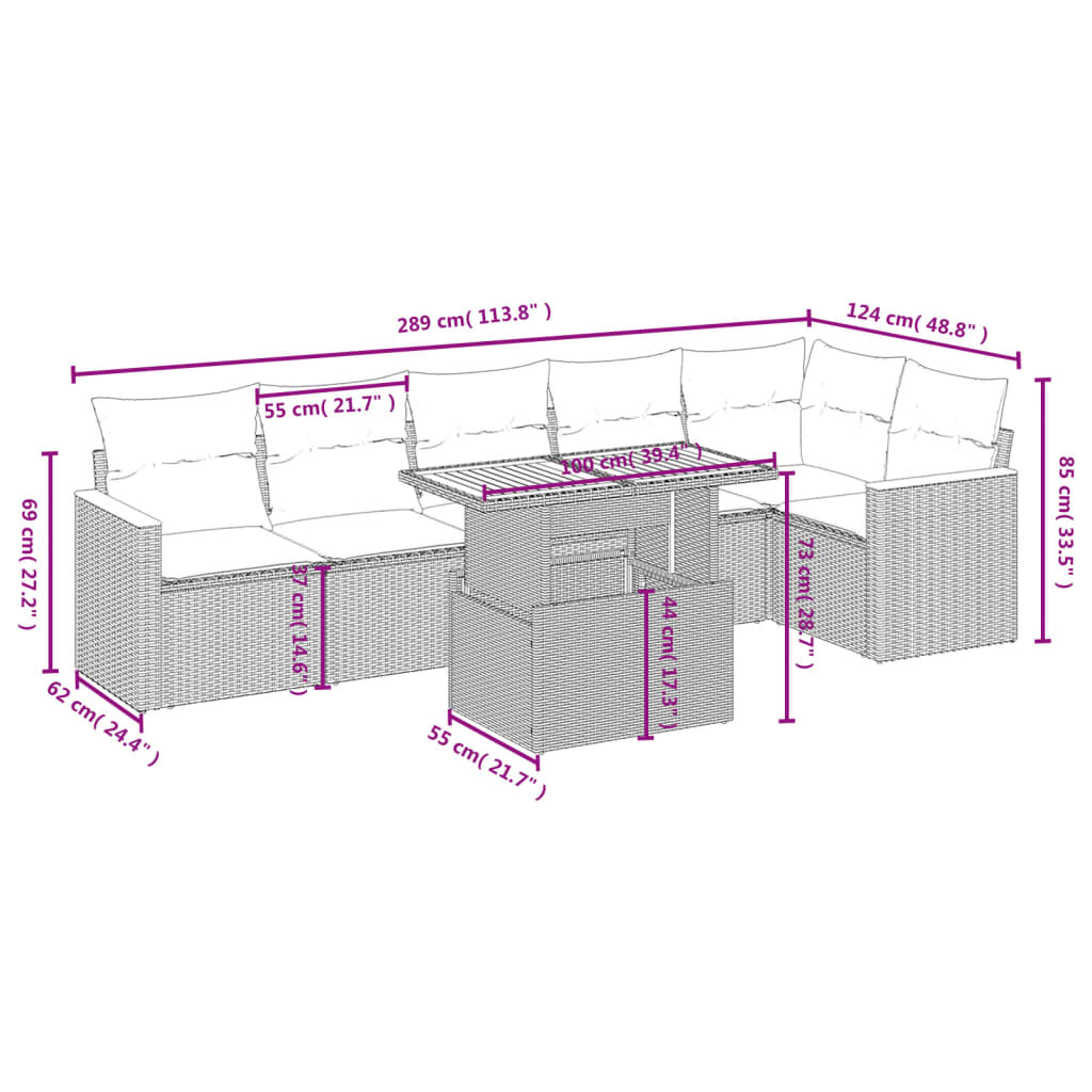 7 részes bézs polyrattan kerti ülőgarnitúra párnákkal
