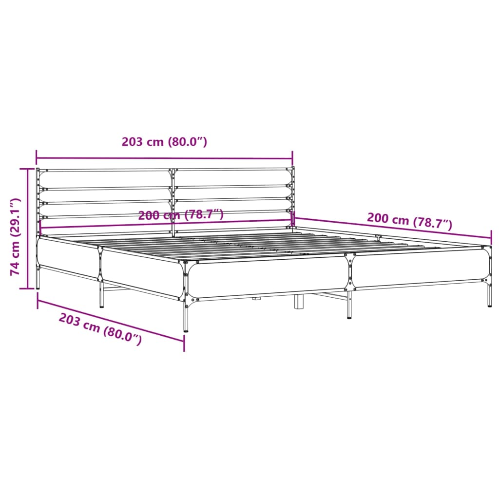 füstös tölgy színű szerelt fa és fém ágykeret 200 x 200 cm