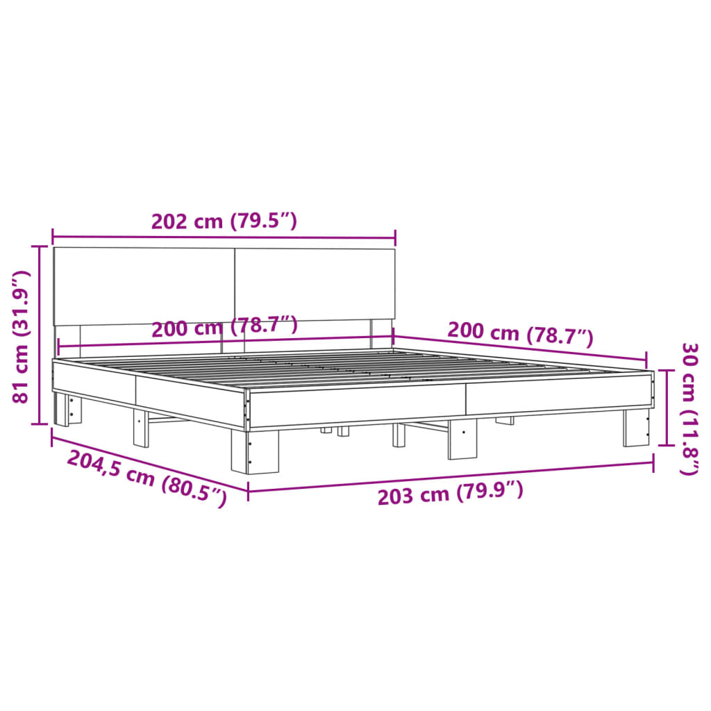 sonoma tölgyszínű szerelt fa és fém ágykeret 200 x 200 cm