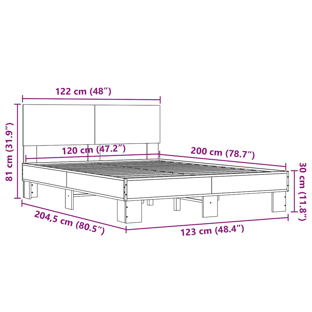 barna tölgyszínű szerelt fa és fém ágykeret 120 x 200 cm