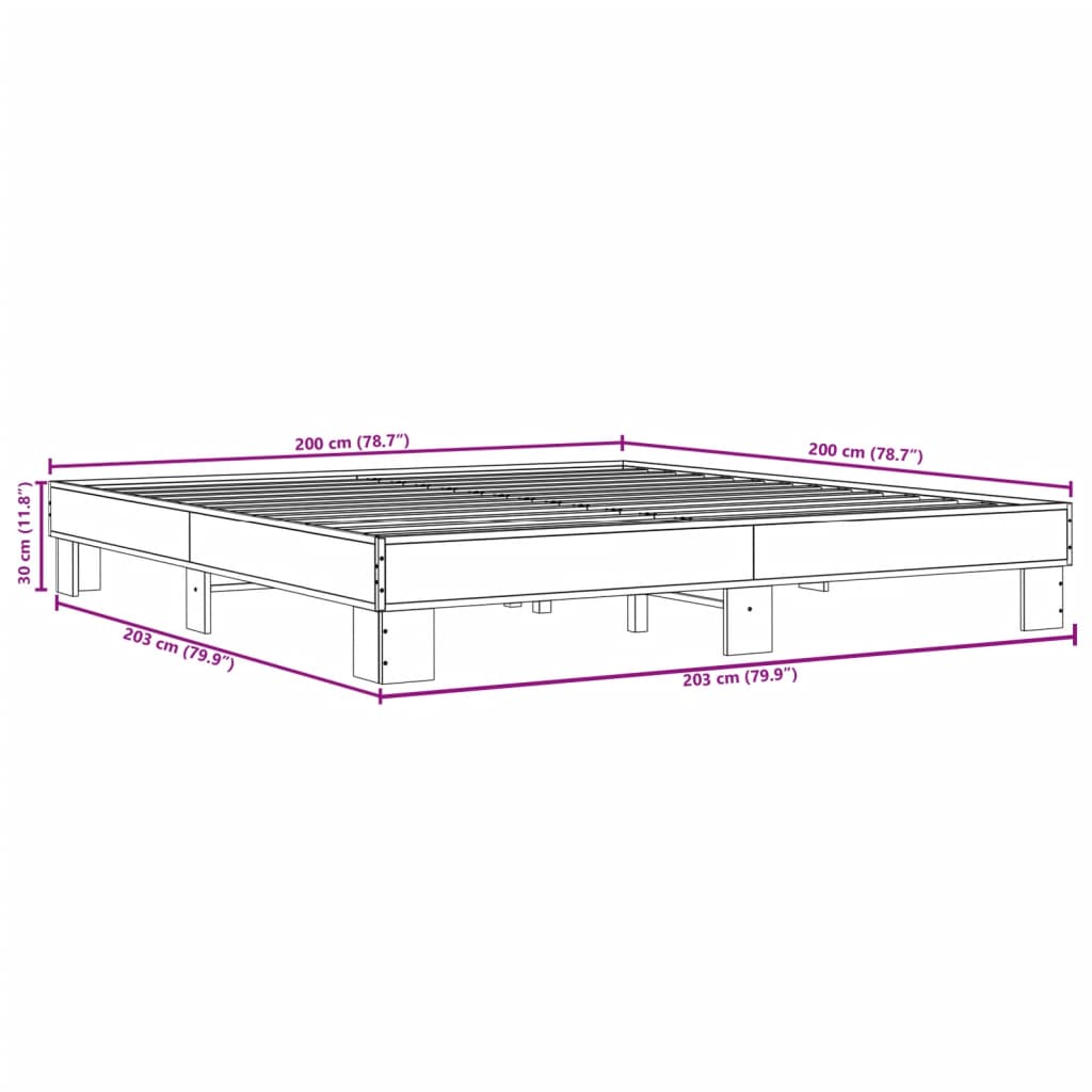füstös tölgy színű szerelt fa és fém ágykeret 200 x 200 cm