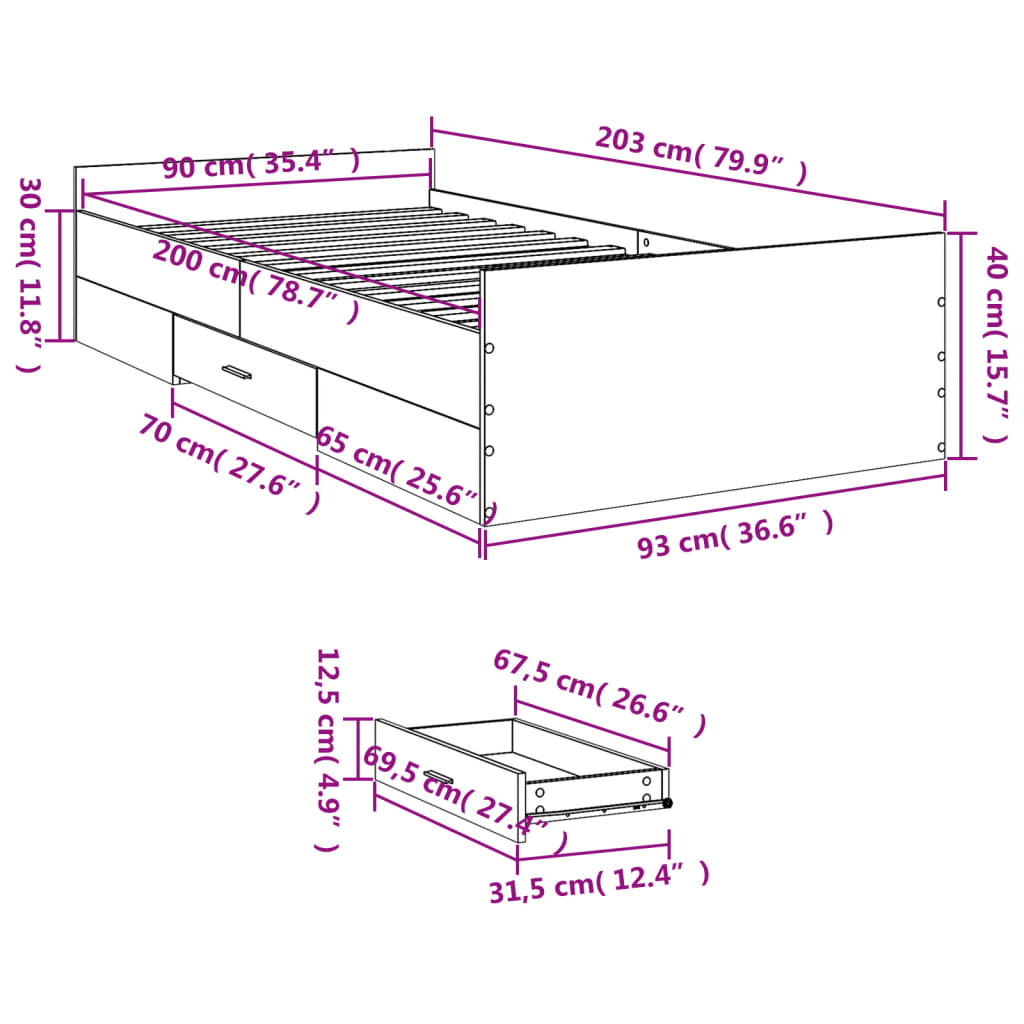 sonoma tölgy színű szerelt fa ágykeret 90 x 200 cm