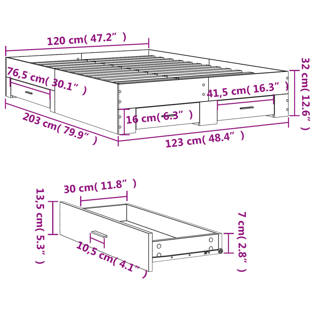 füstös tölgy színű szerelt fa ágykeret fiókokkal 120 x 200 cm
