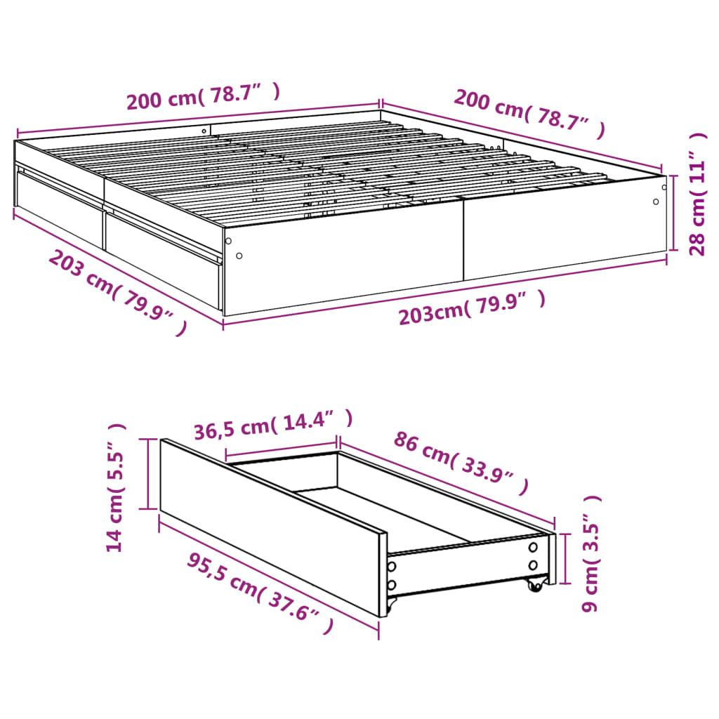 sonoma tölgyszínű szerelt fa ágykeret fiókokkal 200 x 200 cm
