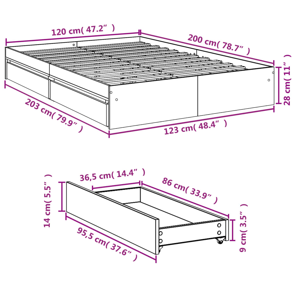 füstös tölgy színű szerelt fa ágykeret fiókokkal 120 x 200 cm