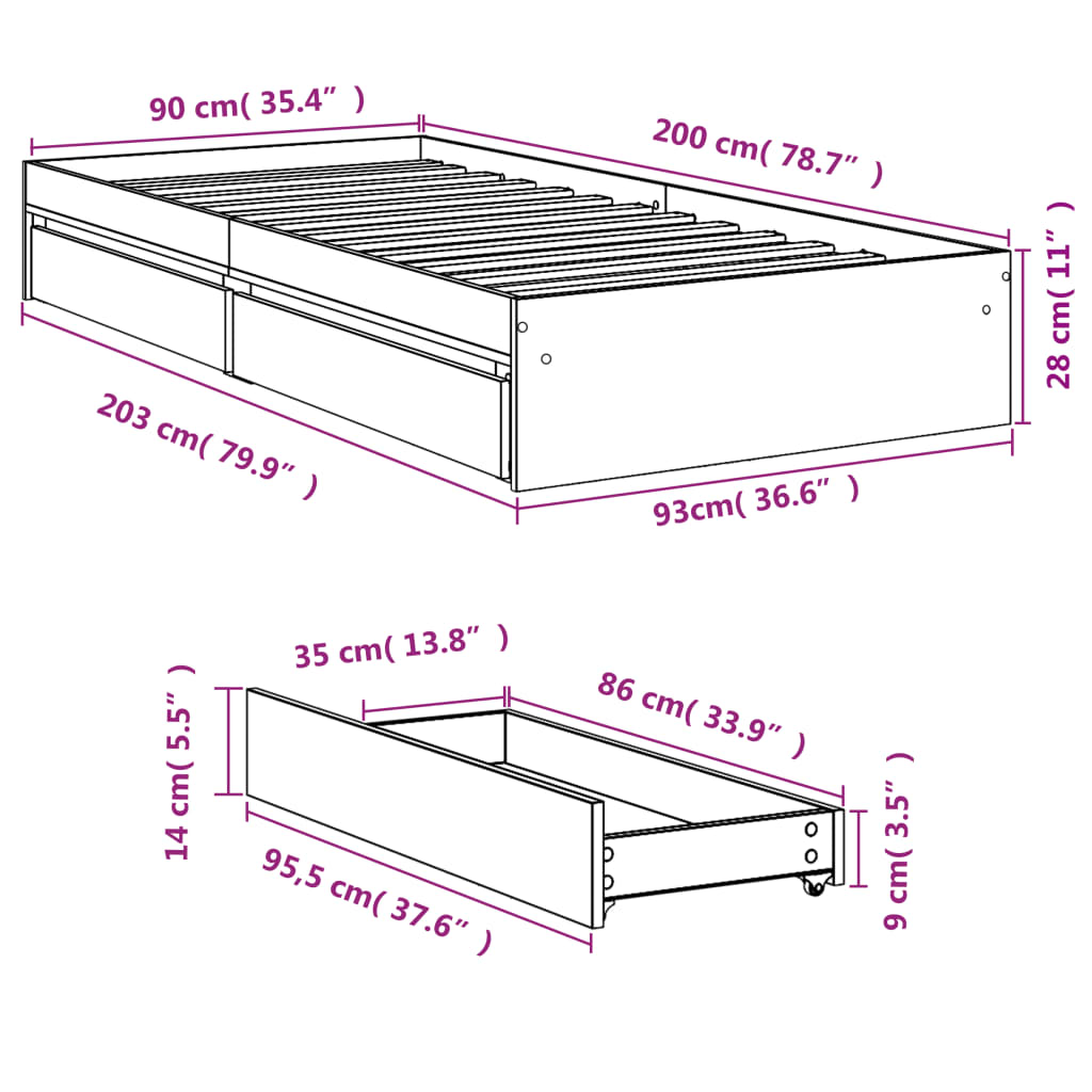 füstös tölgy színű szerelt fa ágykeret fiókokkal 90 x 200 cm
