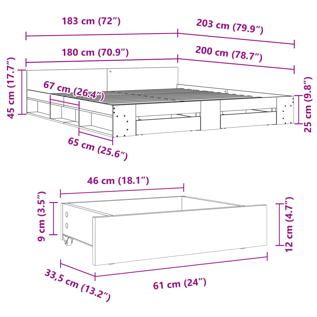 füstös tölgy színű szerelt fa ágykeret fiókokkal 180 x 200 cm