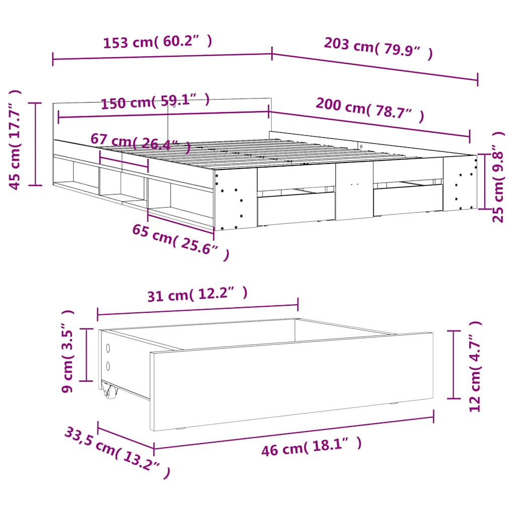 sonoma tölgy színű szerelt fa ágykeret fiókokkal 150 x 200 cm