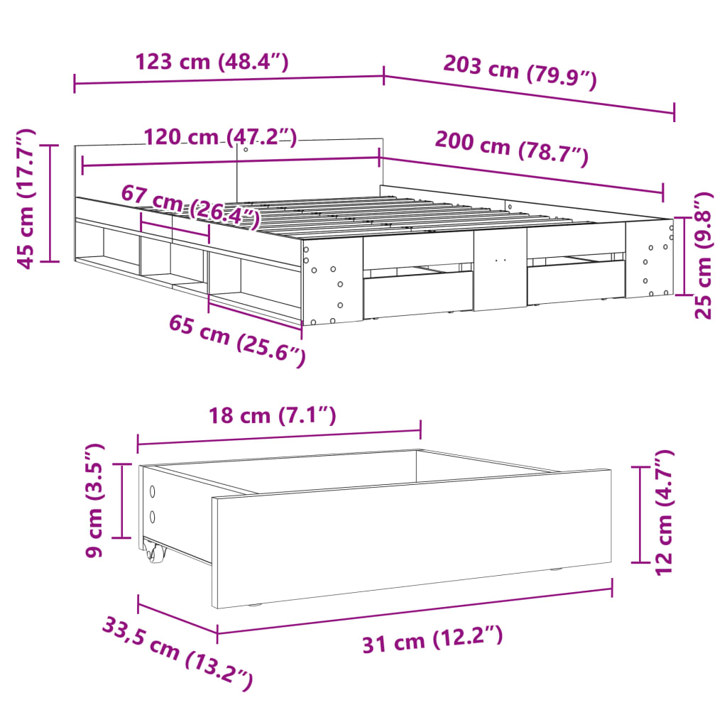 betonszürke szerelt fa ágykeret fiókokkal 120 x 200 cm